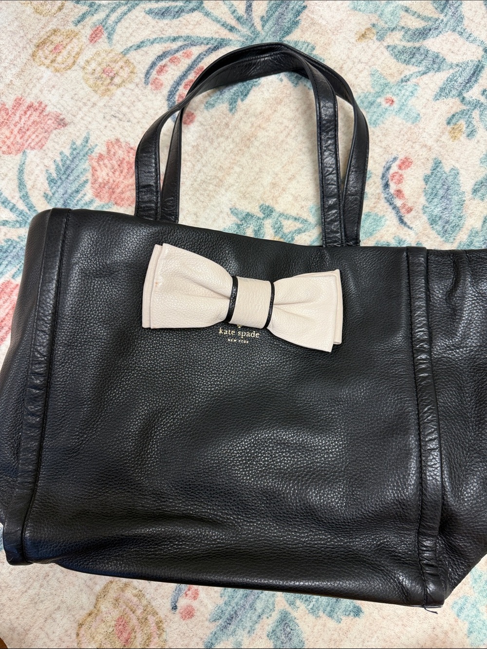 kate spade Black Leather Tote with Cream Bow Accent